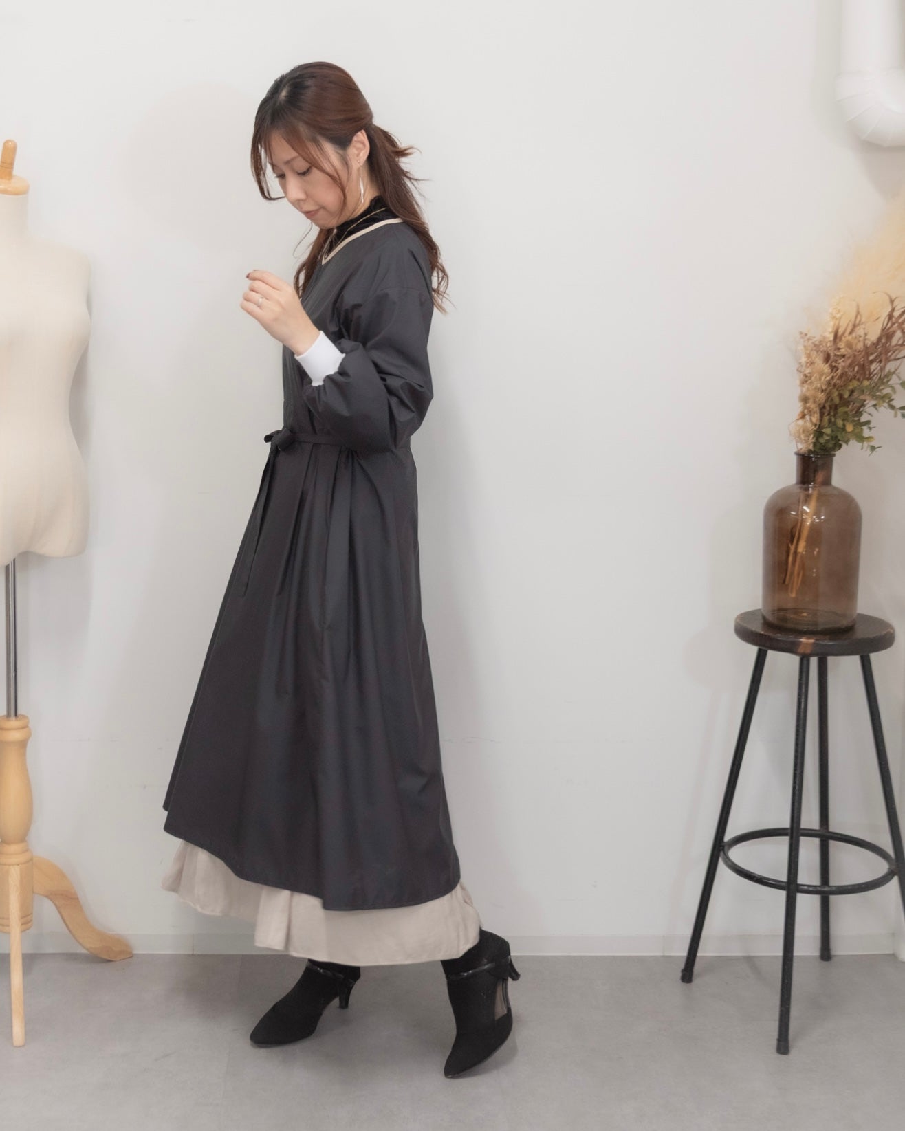 ロングスリーブエプロンドレス black