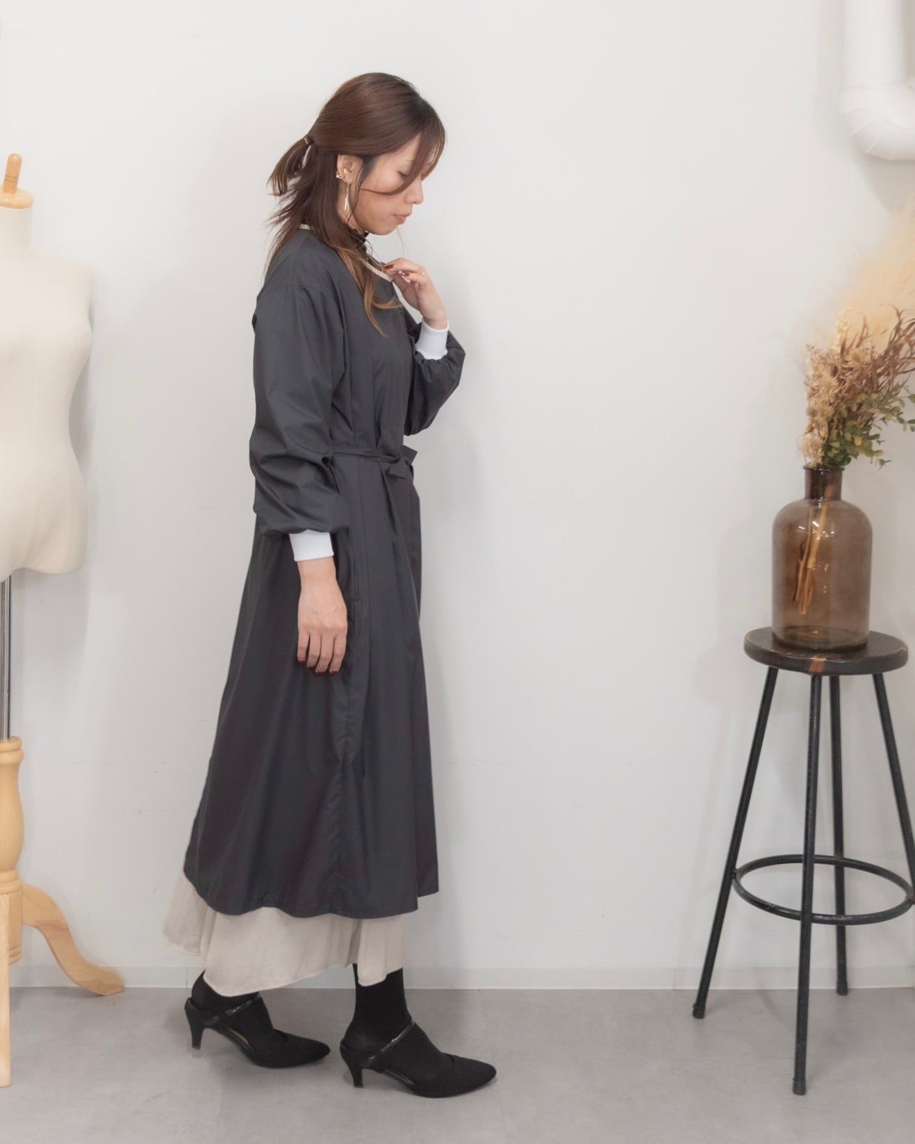 ロングスリーブエプロンドレス black