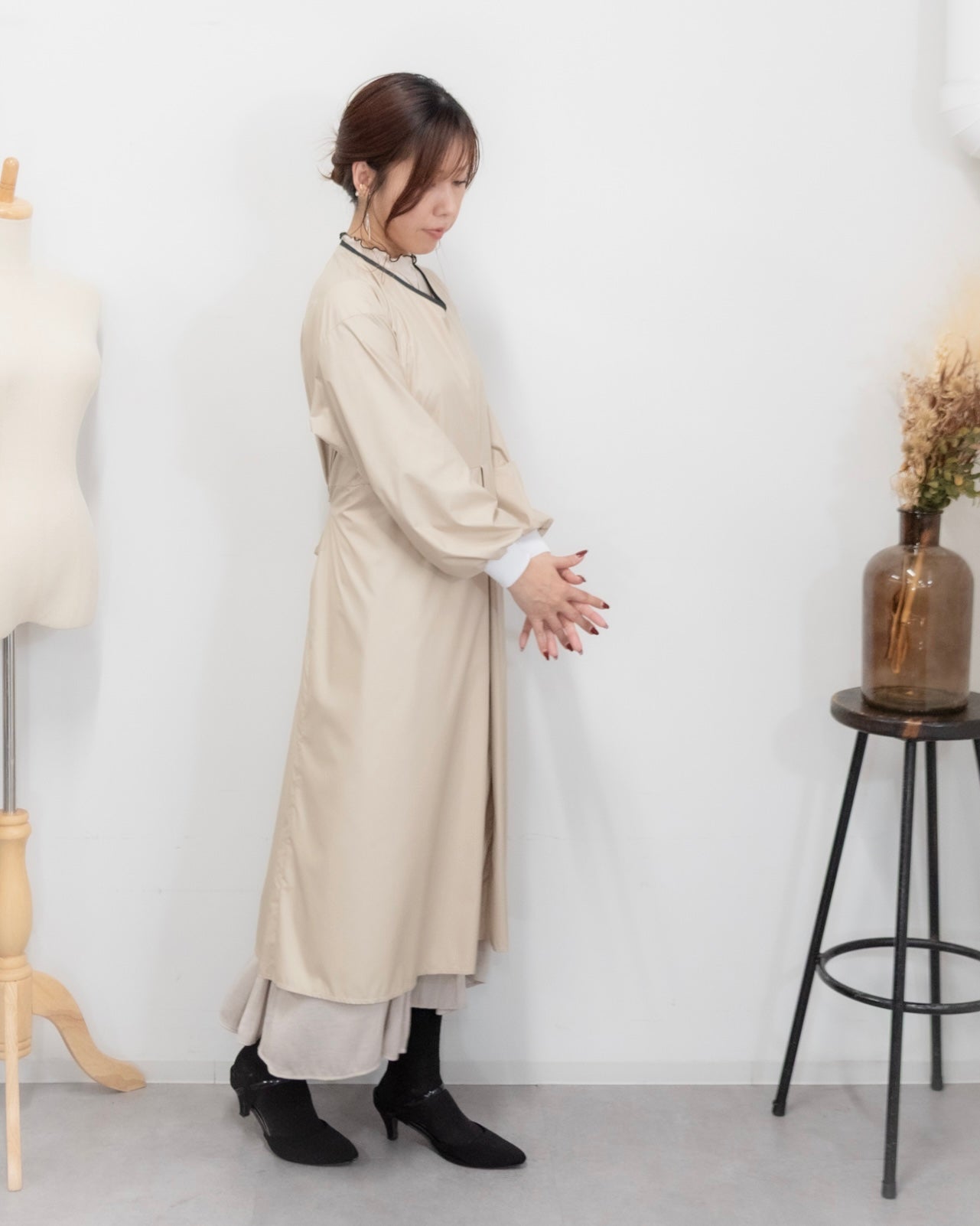 ロングスリーブエプロンドレス beige