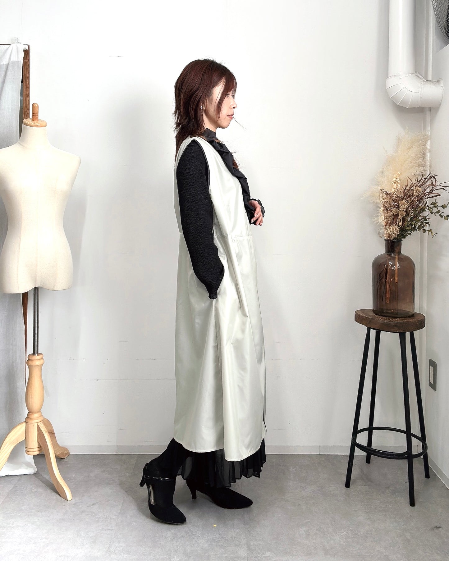 アシメフリルエプロンドレス light gray